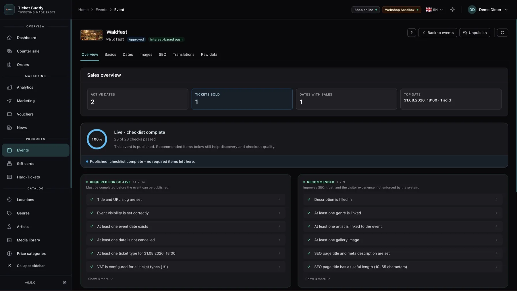 Event-Übersicht mit vollständiger Live-Checkliste und Empfehlungen.