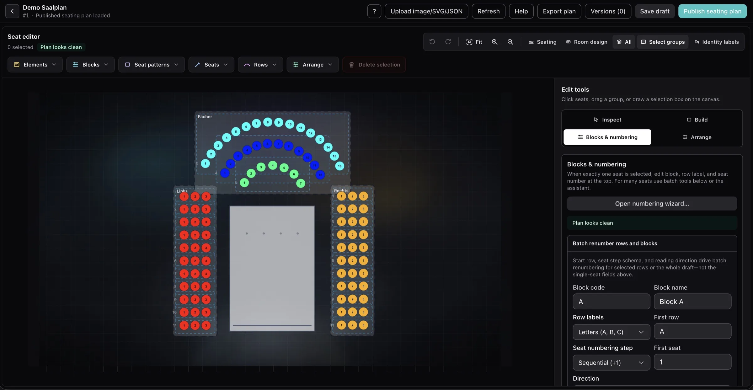 Visueller Sitzplan-Editor mit Blöcken und Nummerierungs-Assistent.