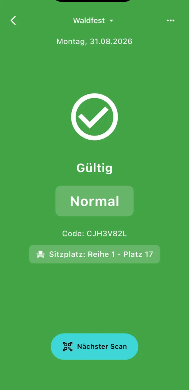 Scanner-App mit erfolgreich geprüftem Ticket.