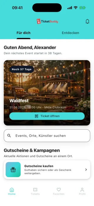 La Shop-App di TicketBuddy con la panoramica degli eventi.