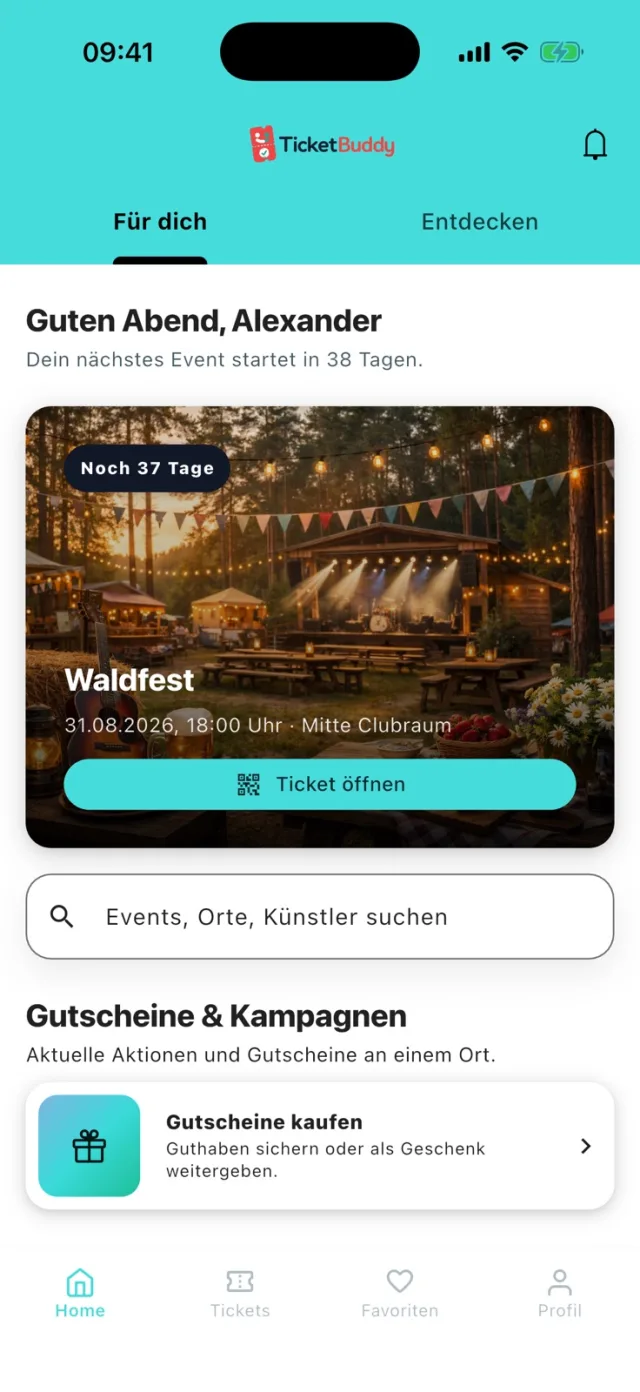 Startscreen der Shop-App mit Events und Tickets.