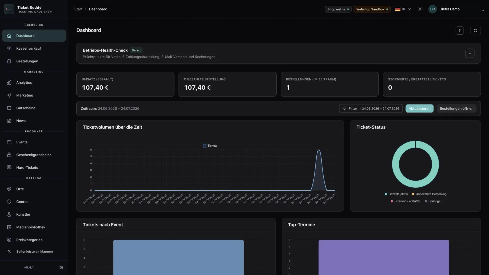 TicketBuddy Dashboard mit Events und Bestellungen.
